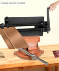 Gear Driven Bead Roller Machine For Sheet Metal, 12 Inch Throat Depth, shown with cranking handle and metal bending demonstration