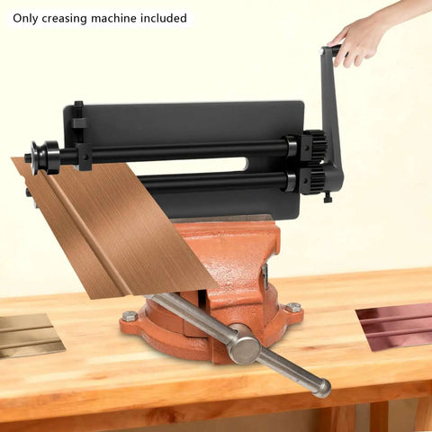 Gear Driven Bead Roller Machine For Sheet Metal, 12 Inch Throat Depth, shown with cranking handle and metal bending demonstration