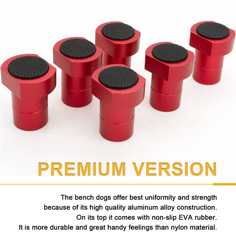 Six Pack Aluminum Bench Dogs With Non Slip Pads For Three Quarter Inch Workbench Holes Woodworking Stops And MFT Compatible Accessories For Secure Routing Cutting Sanding On Any Workbench