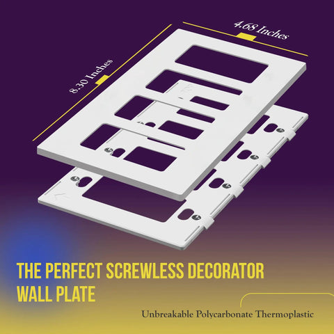 Screwless Decorator Wall Plates for 4-Gang Outlets, Kid Safe Covers, Unbreakable Polycarbonate Thermoplastic, 4.68 in H x 8.30 in L, Glossy White SI8834-W