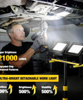 Mechanic working under a car with Ultra Bright LED Work Light With Stand Dual Head Adjustable Flood Light Waterproof Tripod