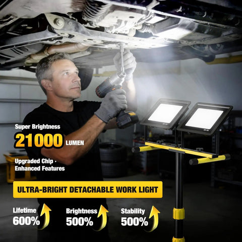 Mechanic working under a car with Ultra Bright LED Work Light With Stand Dual Head Adjustable Flood Light Waterproof Tripod
