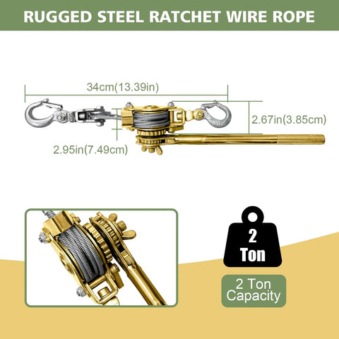 2 Ton Come Along Winch Puller With Double Rope And Two Hooks, Heavy Duty Hand Lever Pulley, Galvanized Steel Cable