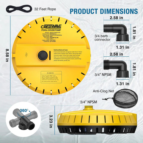 Automatic 115V Submersible Pool Cover Pump For Easy Water Removal From Pool Covers Hot Tubs Ponds And Fish Tanks With 25Ft Cord And 2 Adapters Activates At 1.5 Inches And Shuts Off At 0.39 Inches No Fuss shown with dimensions and parts