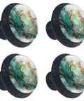 Sleek Glass And ABS Square Cabinet Knobs In Green Marble Texture With Black Hardware And Stainless Steel Screws 1.37 Inch