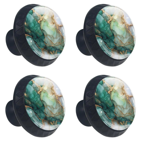 Sleek Glass And ABS Square Cabinet Knobs In Green Marble Texture With Black Hardware And Stainless Steel Screws 1.37 Inch
