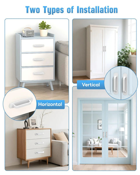 5.7 Inch Self Adhesive Aluminum Cabinet Handle Set Of 2 Peel And Stick Sliding Barn Door Pulls shown in vertical and horizontal installation on furniture and doors.