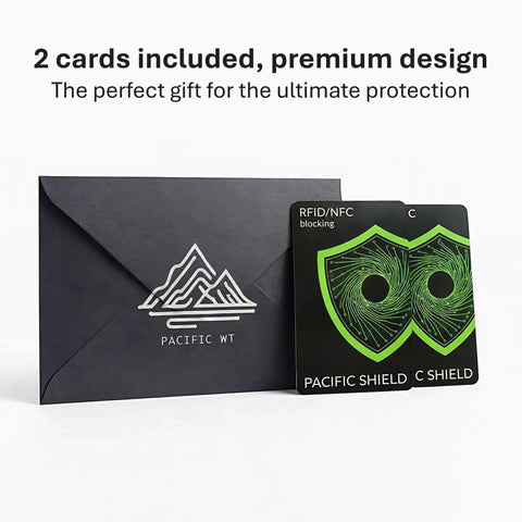 RFID Blocking Card 2 Pack For Wallet Defense And Travel Safety Shield Your Credit Debit ID And Passport From 13 56 MHz NFC Signals Contactless Protector And Everyday Travel Defender, shown with black envelope and card design detail