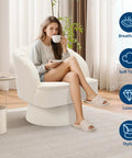 Woman sitting on Ultra Comfy 360 Degree Velvet Swivel Barrel Chair With Plush Padding And Striped Backrest For A Cozy Round Lounge Seat