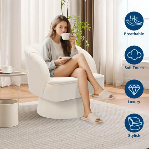 Woman sitting on Ultra Comfy 360 Degree Velvet Swivel Barrel Chair With Plush Padding And Striped Backrest For A Cozy Round Lounge Seat