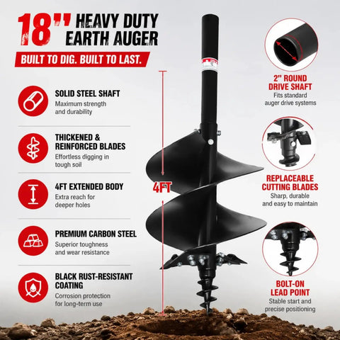 Beefy 18 Inch Earth Auger Drill Bit Set For Tractor Mounts, 4 Ft Long, showing solid steel shaft and replaceable edges