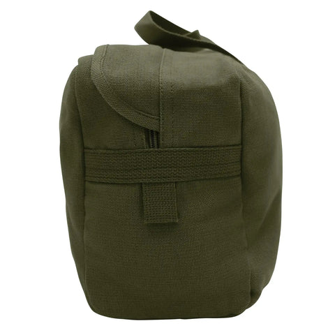 Side view of Heavy Duty Canvas Tanker Style Tool Bag For Mechanic Pros Plumbers Electricians And Athletes in olive drab green