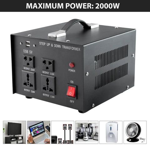 Step Up And Down Transformer 2000W For Home Electronics Converts 110 Volt To 220 Volt And 220 Volt To 110 Volt With USB 5V Ports