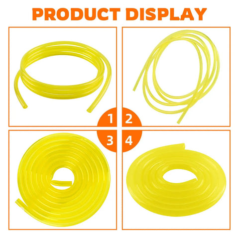 Four sections of yellow fuel line hose kit for small engine tools, twenty feet total, various sizes, for chainsaws and trimmers.