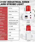 Industrial Cycle Timer Siren Alarm With Adjustable 5 To 115 Decibel Loud Volume And Auto Repeat Timing Plus Bright Red Flashing Warning Light For Industrial Safety In Factories Workshops And Laboratories AC110V, red siren with LED display and power cord, installation diagram.