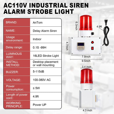 Industrial Cycle Timer Siren Alarm With Adjustable 5 To 115 Decibel Loud Volume And Auto Repeat Timing Plus Bright Red Flashing Warning Light For Industrial Safety In Factories Workshops And Laboratories AC110V, red siren with LED display and power cord, installation diagram.