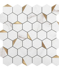 Hexagon Peel and Stick Metal Backsplash Tiles Kit, 12x12 Aluminum Mosaic, 10 Self Adhesive Sheets Covering 9 Sq Ft, Golden Finish.