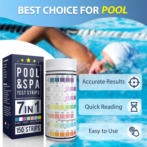 7 In 1 Spa And Pool Test Strips, 150 Count Water Testing Kit For Chlorine, Bromine, PH, Hardness, Alkalinity, Cyanuric Acid And More With Easy Color Chart For Quick Accurate Readings box and container with swimmer in background