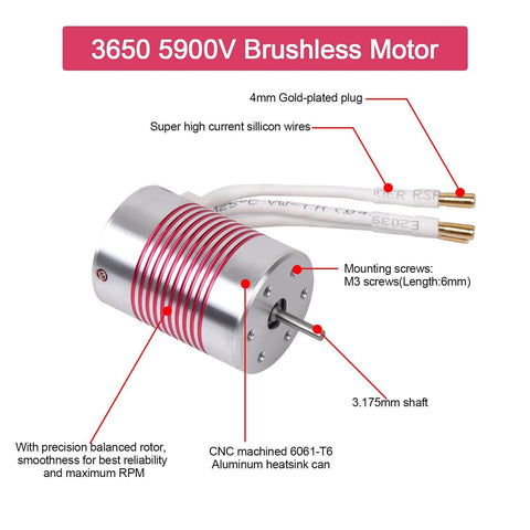 1/10 Scale RC On-Road Car Brushless Motor 3650 5900KV Waterproof shown with CNC machined 6061-T6 heat sink and 3.175mm shaft