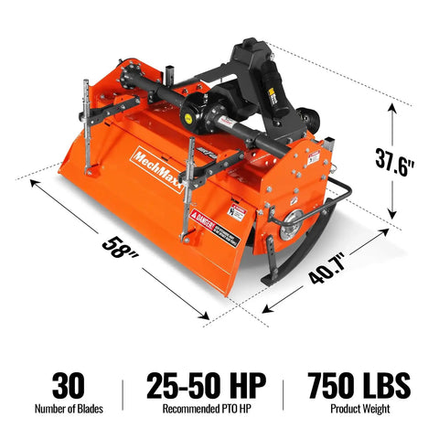 48 Inch Rotary Tiller For 3 Point Hitch Cat 1 And 2 Gear Drive with dimensions and specs shown