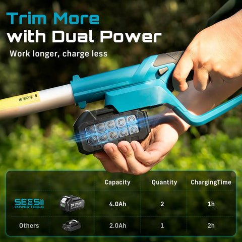 Close-up of dual 4Ah battery installation on Cordless Pole Hedge Trimmer With 16 Inch Dual Action Blade Detachable Telescoping Pole