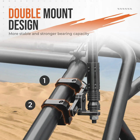Beefed Up UTV Whip Mount With Double Clamps For 1.5 To 2 Inch Roll Cages Aluminum Whip Light Bracket