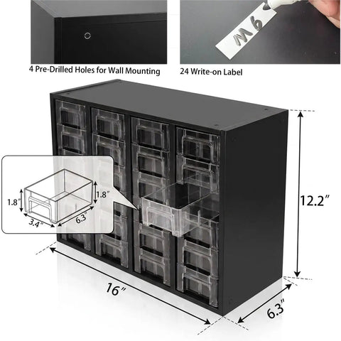 Nut And Bolt Organizer Cabinet With 24 Clear Drawers And 48 Adjustable Dividers For Screws, Fasteners, Washers And Small Parts, Heavy Duty Metal Storage, Stackable Wall Mount Hardware Case For Easy Reach And Quick Access. Black metal cabinet, 16 x 12.2 x 6.3 in