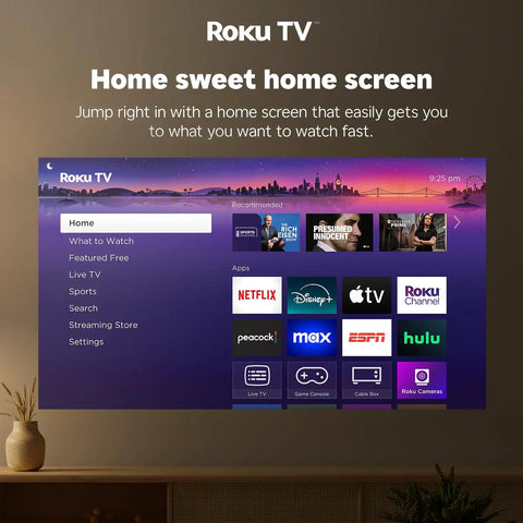 Roku TV Smart Projector With WiFi And Bluetooth displaying home screen with streaming apps and navigation menu.