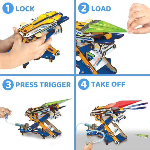 Step-by-step use of 2in1 Hydraulic Paper Airplanes And Darts Launcher STEM Toy For Kids Ages 6 To 14, Easy DIY Build Kit.