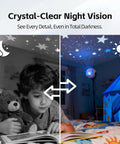 Child reading with teddy bear under night vision camera effect in illustrated bedroom, showcasing 4K Security Camera With 4G SIM Card No WiFi Needed.