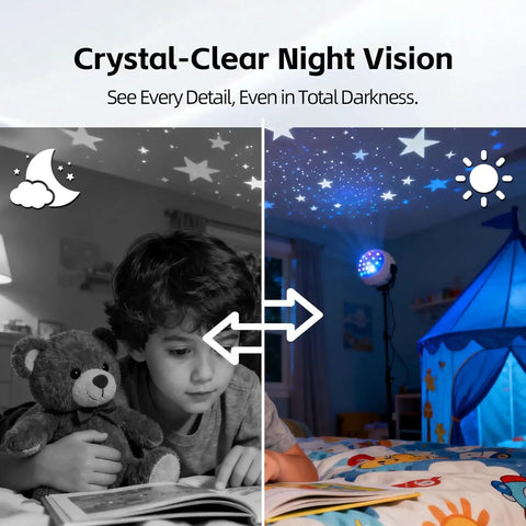 Child reading with teddy bear under night vision camera effect in illustrated bedroom, showcasing 4K Security Camera With 4G SIM Card No WiFi Needed.