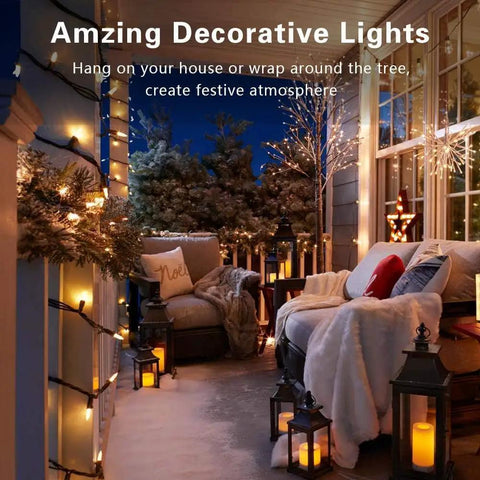 Cozy porch with Clear Christmas Lights String With Brown Wire 21 Feet Long 100 Incandescent Bulbs Warm White Glow Outdoor UL Certified