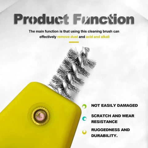 Must Have 4 In 1 Car Battery Terminal Cleaner And Corrosion Scouring Brush that shows steel bristles and yellow handle.
