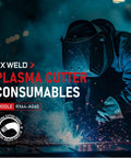 Person using a welding tool with RX Weld branding and focus on plasma cutter consumable kit description.