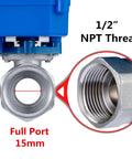 Half Inch Motorized Ball Valve In Stainless Steel With Full Port For Water Lines 9 To 24V AC DC Two Wire Auto Return NPT Thread