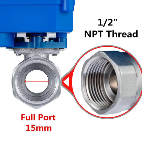Half Inch Motorized Ball Valve In Stainless Steel With Full Port For Water Lines 9 To 24V AC DC Two Wire Auto Return NPT Thread
