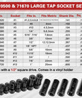 70500 and 71670 socket set chart from 13 Piece Tap Socket Set Kit For Standard And Metric Taps Pro Grade Build Includes 70500 And 71670 Sockets Socket Wrench Adapters Fits Square Drive Tools Compatible With All MCTI Standard And Fractional Taps.