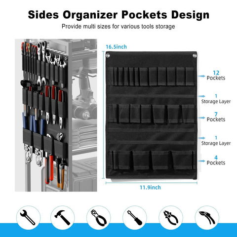 Side view of Heavy Duty Power Tool Organizer Cart With Charging Station And Battery Storage showing pocket design