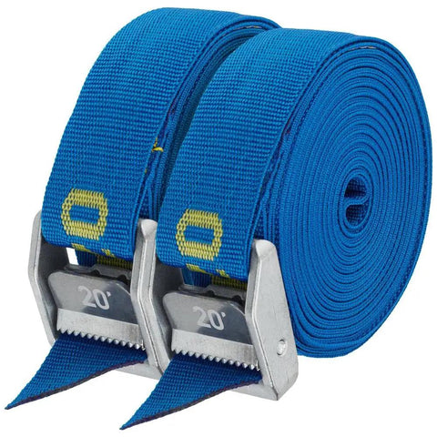 Beefy 1.5 Inch Tie Down Straps, 20 Feet Pair In Bright Blue, 2000 Lb MBS, UV Protected Webbing That Won't Stretch When Wet