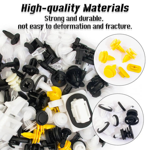 Durable 110 Pcs Push Retainer Clip Kit For Tesla Cars Model 3 Y X S Bumper And Fender Rivets in black, white, yellow.