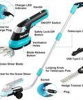 Cordless Do-It-All 3-In-1 Hedge Trimmer, Grass Shear, And Shrub Trimmer with 50-Inch Extendable Pole, USB-C Charging, features labeled