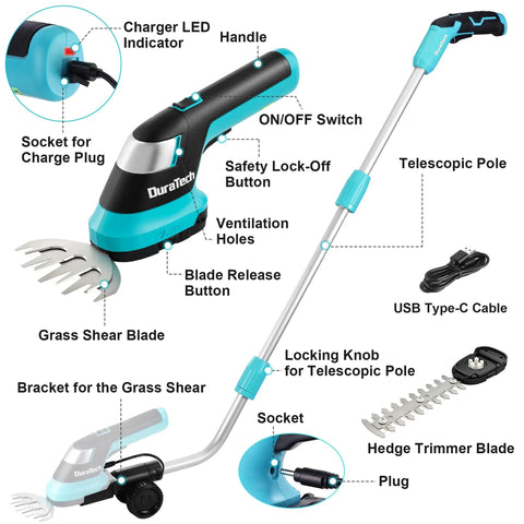 Cordless Do-It-All 3-In-1 Hedge Trimmer, Grass Shear, And Shrub Trimmer with 50-Inch Extendable Pole, USB-C Charging, features labeled