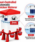Float-Controlled Automatic Chicken Waterer with 10 spill-proof cups and sturdy legs for easy setup and hydration.