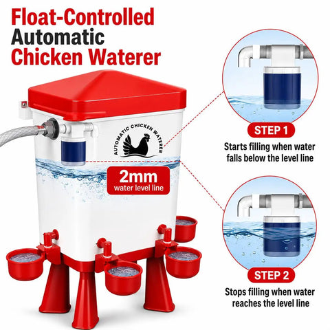 Float-Controlled Automatic Chicken Waterer with 10 spill-proof cups and sturdy legs for easy setup and hydration.