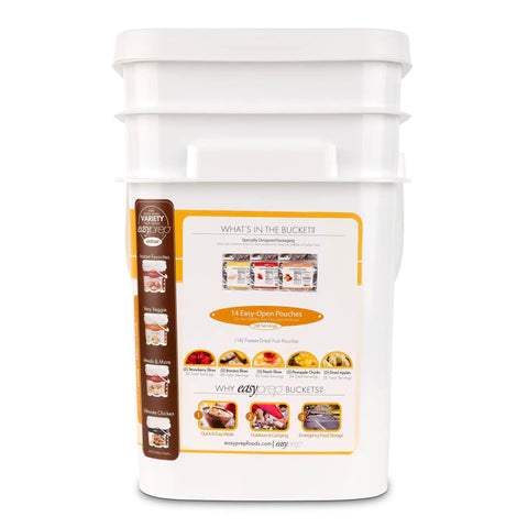 Fruit Fest Freeze Dried Fruit Variety Kit For Emergency Food Storage in one handy bucket, showing contents list on label