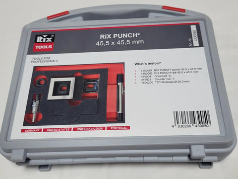 Built Tough Square Punch And Die Set For Mild Steel Measuring 45.5Mm X 45.5Mm One Sixteenth Din Setup Flips Through Up To Three Mm Plate Without A Sweat Includes Draw Bolt Bridge Tct Pre Drill Saw And Rugged Carry Case
