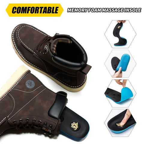 Six Inch Moc Toe Steel Toe Boots For Men Waterproof Leather Non Slip Safety Work Boots Durable Construction Western Brown US Size Nine Point Five showing memory foam insole and slip-resistant sole