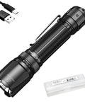 Rechargeable 3000 Lumen Tactical Flashlight With Long Throw Be Your Night Hunter USB C Power TK20R V2.0, cable, organizer