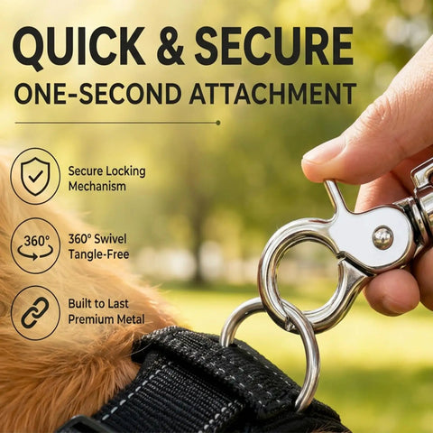 Heavy Duty Metal Swivel Snap Hooks Twelve Pack used for secure attachment on pet harness, showing 360 swivel design.