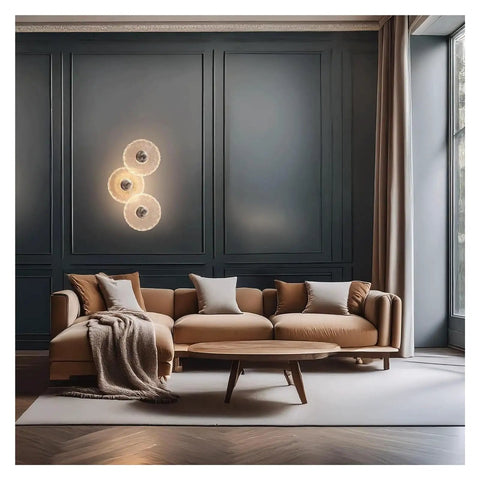 LMAPLUMP Wall Lamp Wall Sconce Modern Artistic Luxury Iron Textured Ripple Glass Light 3-Light Cluster LED above cozy sofa in living room.